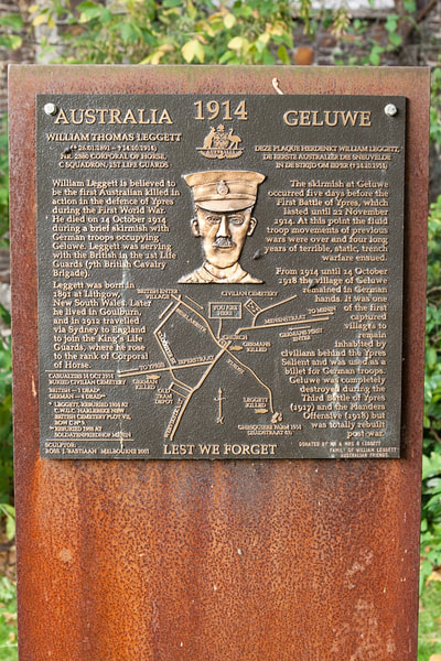 Memorial at Geluwe to Private William Thomas Leggett who is believed to be one of the first Australian soldiers to be killed in The Great War.
