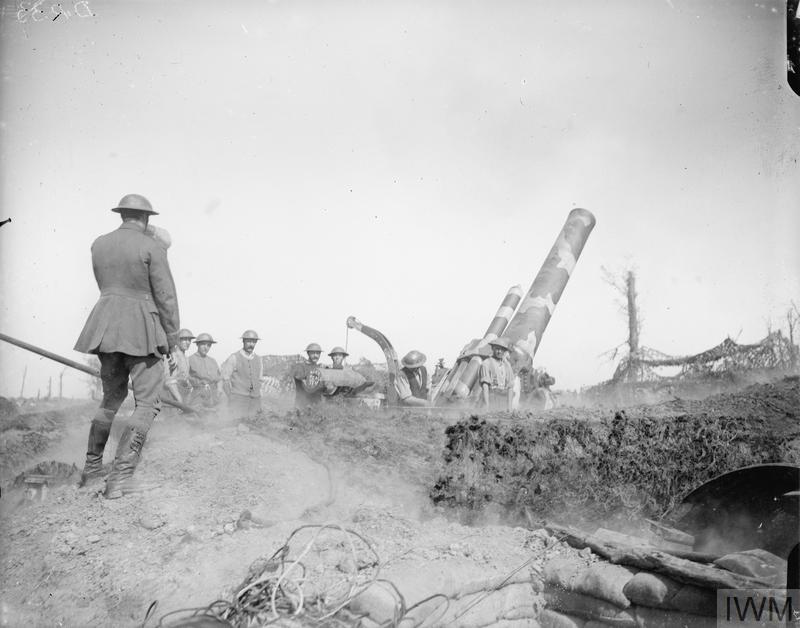 Battle of the Menin Road Ridge. A camouflage-painted 12-inch howitzer of the 104th Siege Battery, R.G.A., in front of Zillebeke. 24 September 1917. © IWM (Q 7808)