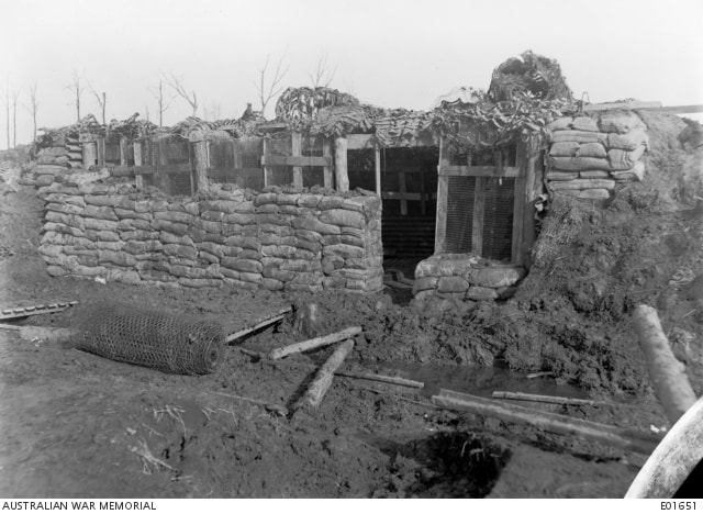 View of an unfinished sandbagged dugout at 17th February 1918; Ulster Drive in the Ploegsteert sector in Belgium.