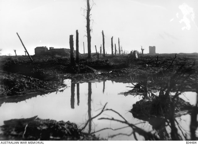 Wytschaete Sector, Belgium. 29 January 1918. A captured German concrete redoubts and observation posts in the front line of the Wytschaete Sector. Winter rains had turned the shell torn area into a muddy waste.